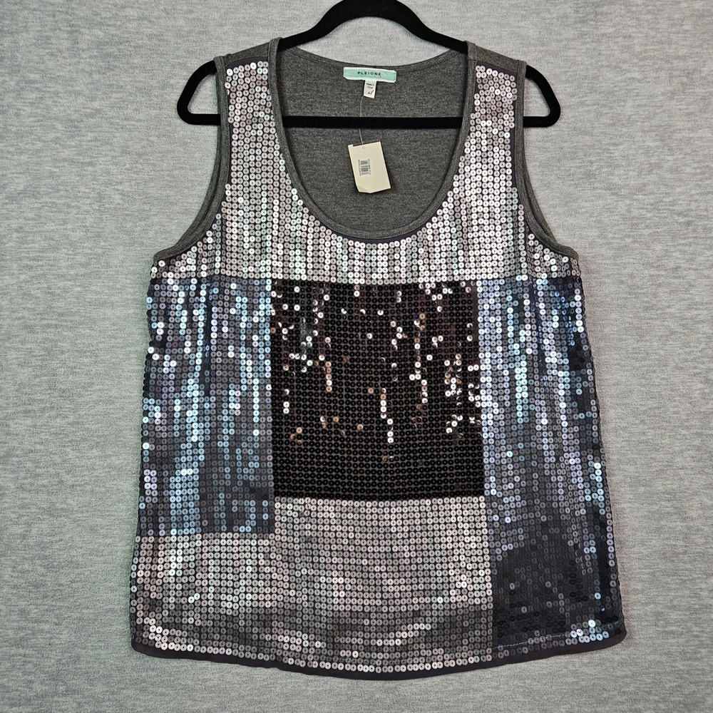 Pleione Women's Sequin Colorblock Tank Top Heather Grey Size XL NWT